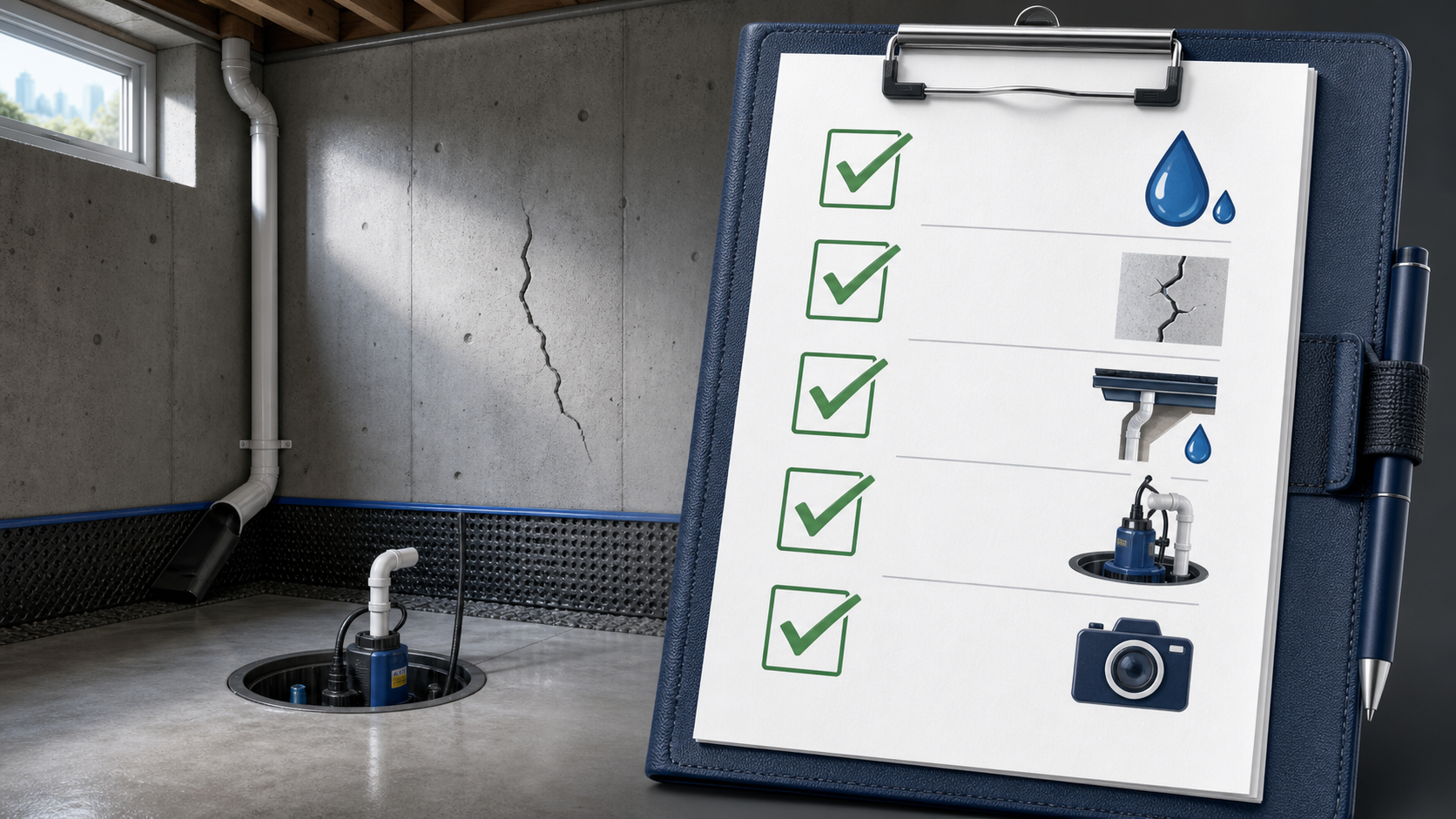 Visual basement waterproofing checklist with checkboxes, water, crack, sump, downspout, and photo icons