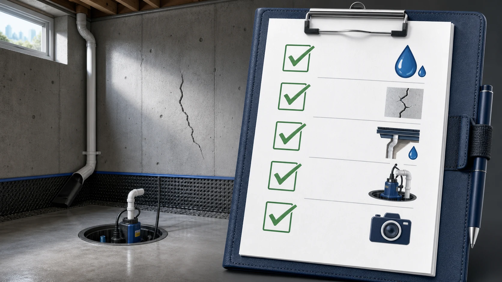 Visual basement waterproofing checklist with checkboxes, water, crack, sump, downspout, and photo icons