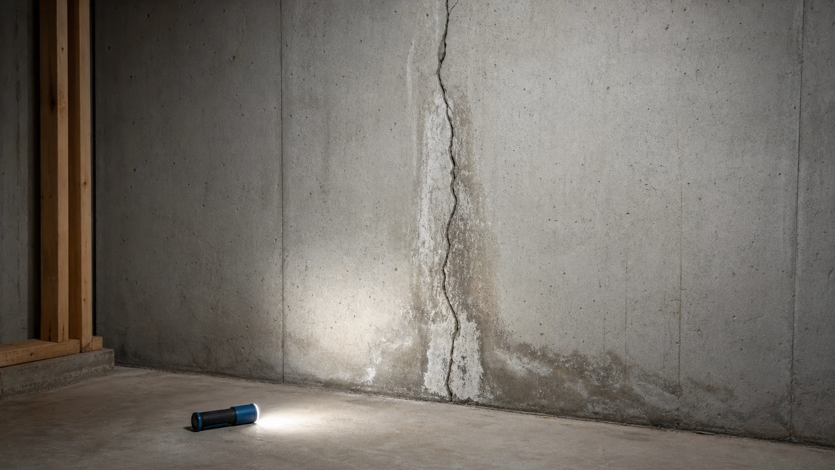 Vertical concrete foundation crack with moisture staining on an unfinished Omaha-area basement wall