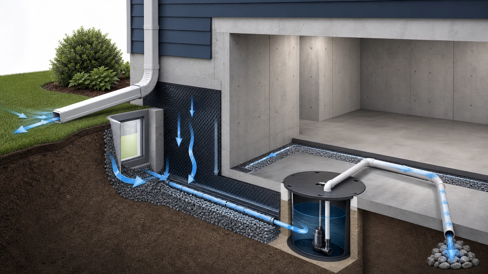 Clean sump basin and PVC discharge detail in an unfinished basement mechanical area